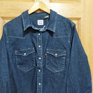 Levi's Women's Blue Pearl Snap Tailored Fit Western Shirt Dark Wash Denim Sz 2XL